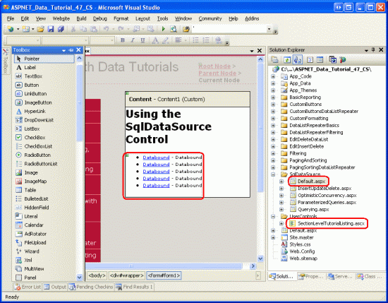 Adicione o controle de usuário SectionLevelTutorialListing.ascx a Default.aspx