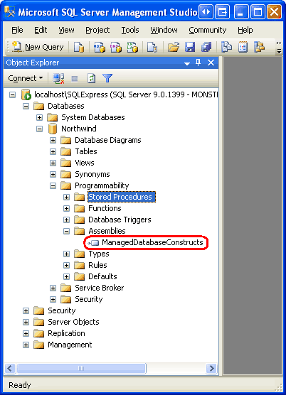 O assembly ManagedDatabaseConstructs agora está registrado no banco de dados Northwind