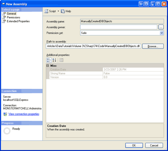 Adicionar o assembly ManuallyCreatedDBObjects.dll ao banco de dados