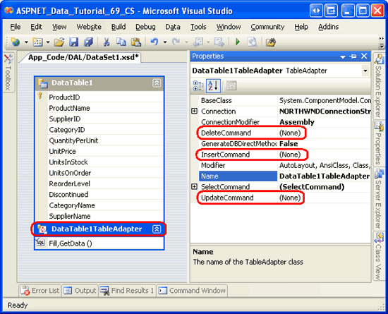 As propriedades InsertCommand, UpdateCommand e DeleteCommand são definidas como (Nenhum)