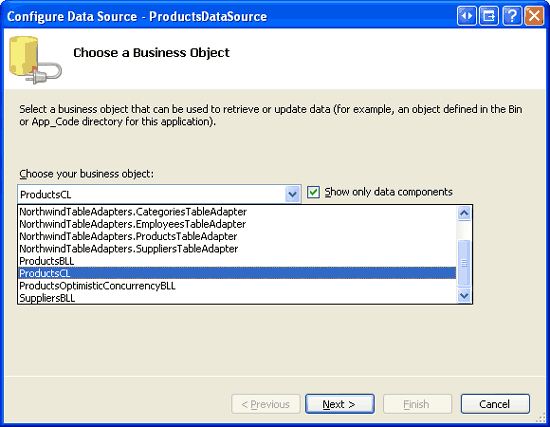 A classe ProductsCL está incluída na lista de Drop-Down de objetos de negócios