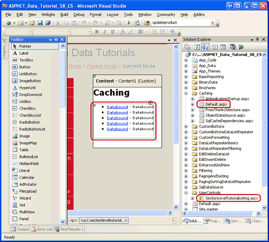 Figura 2: Adicionar o controle de usuário SectionLevelTutorialListing.ascx para Default.aspx