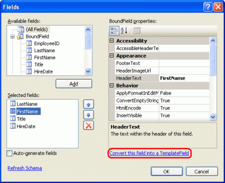 Converter um BoundField em um TemplateField da caixa de diálogo Campos