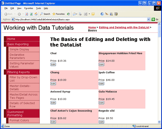 Captura de tela mostrando o DataList EditItemTemplate com o botão Editar adicionado.