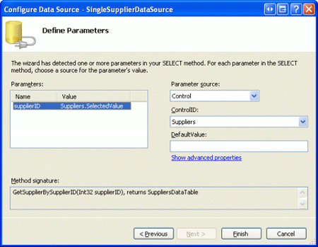 Usar o DropDownList de Fornecedores como a origem do parâmetro supplierID