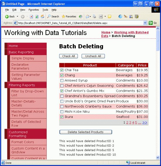 A interface do CheckBoxField.aspx foi movida para BatchDeleting.aspx