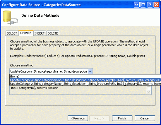 Configurar o ObjectDataSource para usar o método UpdateCategory que inclui um parâmetro para imagem