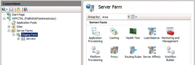 Quando a instalação estiver concluída, inicie o Gerenciador do IIS e, no painel Conexões, clique no nó do farm de servidores. Observe que vários novos ícones foram adicionados ao painel Farm de Servidores.