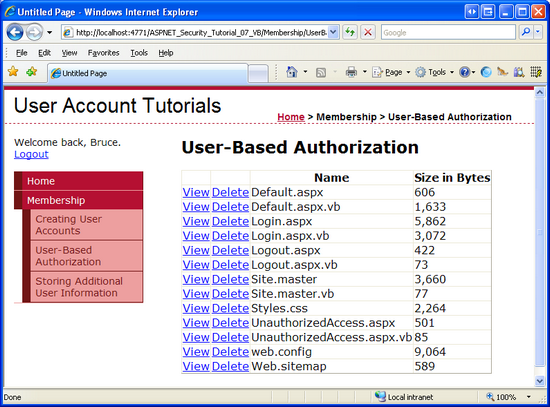 O GridView lista os arquivos no diretório raiz do aplicativo Web