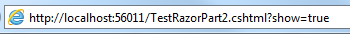 Captura de tela da página Test Razor 2 em um navegador da Web mostrando uma cadeia de caracteres de consulta na caixa U R L.