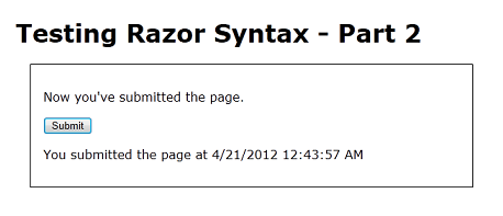 Captura de tela da página Test Razor 2 em um navegador da Web após o envio da página com uma cadeia de caracteres de consulta na caixa U R L.