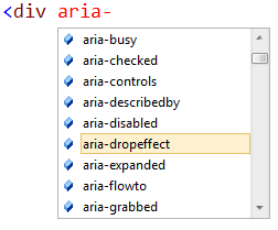 Captura de tela que mostra os atributos aria. O efeito de queda de ária é selecionado na lista de atributos.