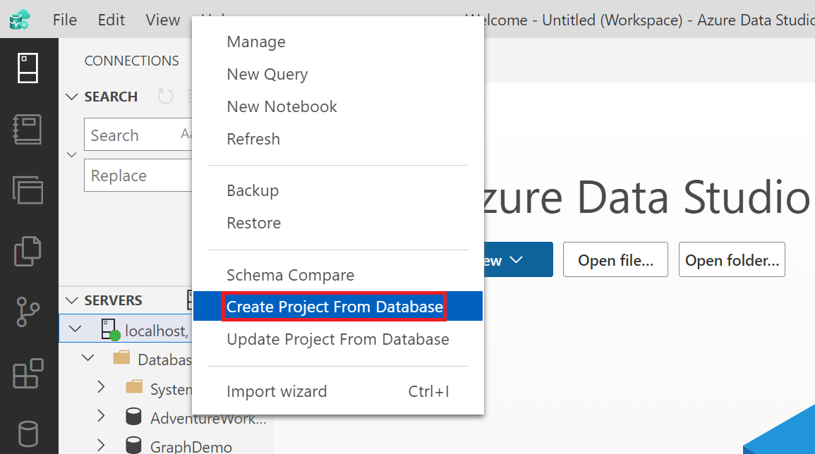 Captura de tela do Pesquisador de Objetos no Azure Data Studio mostrando como criar um projeto com base em um objeto de banco de dados.