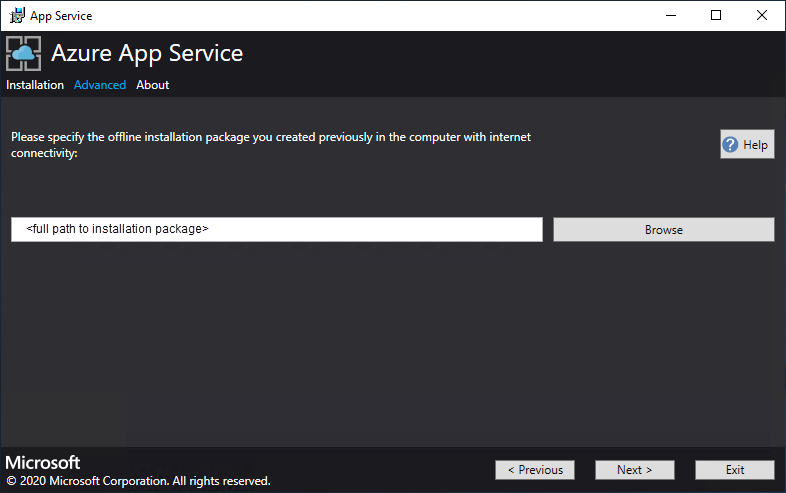 Especificar o caminho do pacote de instalação offline no Azure App Service Installer