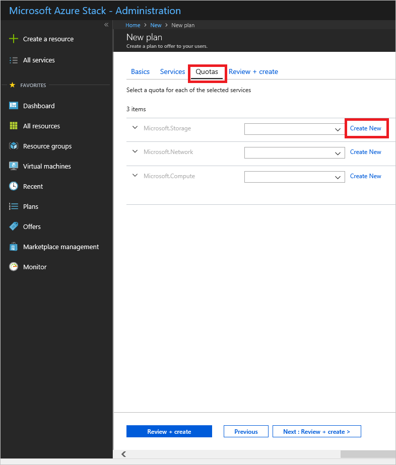 Captura de tela que mostra como especificar cotas para o novo plano no Azure Stack Hub