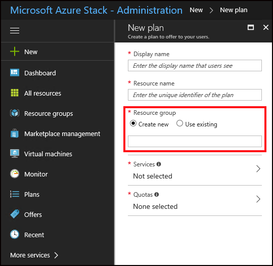 Especificar o grupo de recursos para o novo plano no Azure Stack Hub