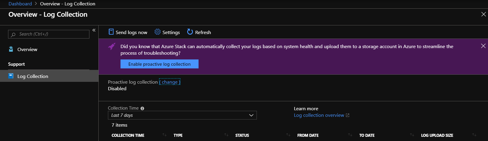 Captura de tela que mostra como começar a coletar logs de diagnóstico.