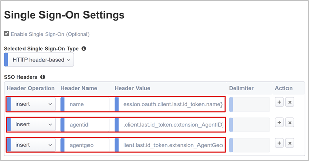 Captura de tela das configurações de logon único, incluindo tipo e cabeçalhos.