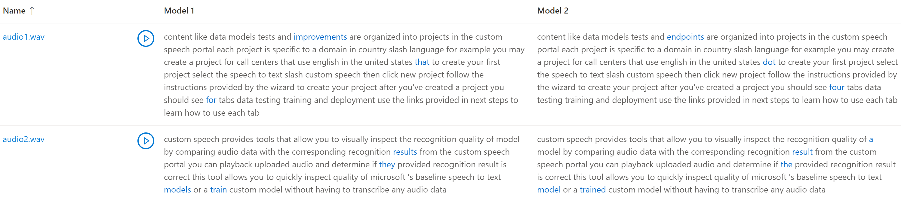 Captura de tela de uma comparação de transcrições de dois modelos