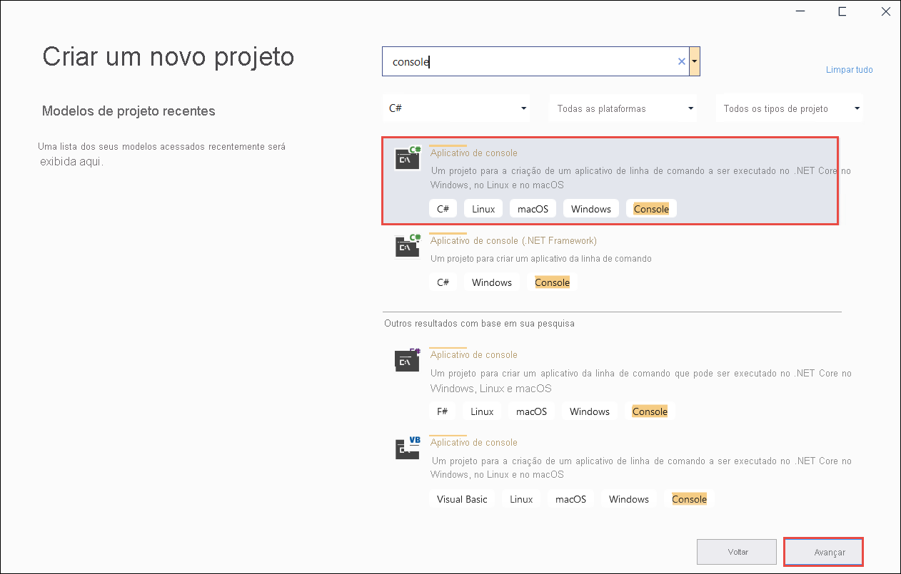 Captura de tela: página Criar novo projeto do Visual Studio.