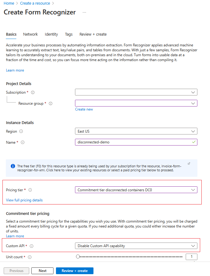 Captura de tela da configuração do nível desconectado no portal do Azure.