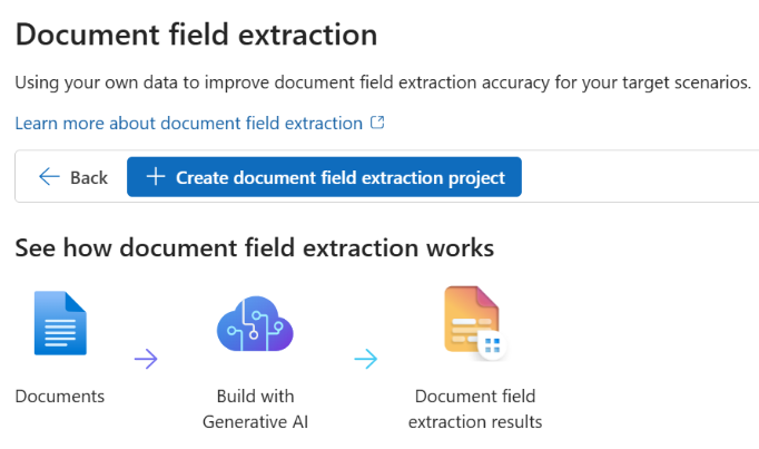 Captura de tela da página criar projeto de extração de campo de documento.