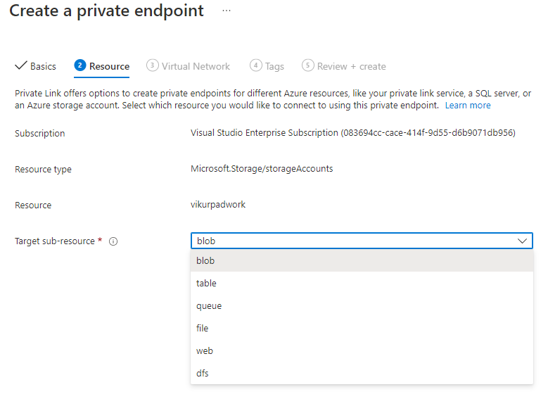 Captura de tela mostrando como configurar o ponto de extremidade privado para um blob.