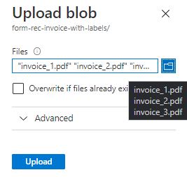 Captura de tela da janela de upload de blob no portal do Azure.