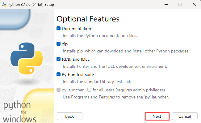 Captura de tela de Instalar a etapa 2 do Python com recursos opcionais.