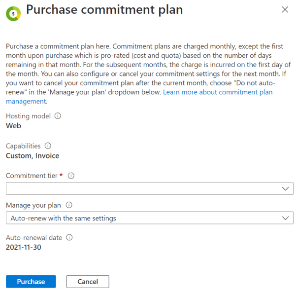 Captura de tela mostrando os detalhes de preço e de renovação do nível de compromisso no portal do Azure.