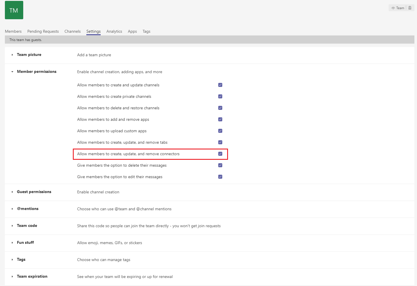 Captura de tela para verificar as configurações de equipe