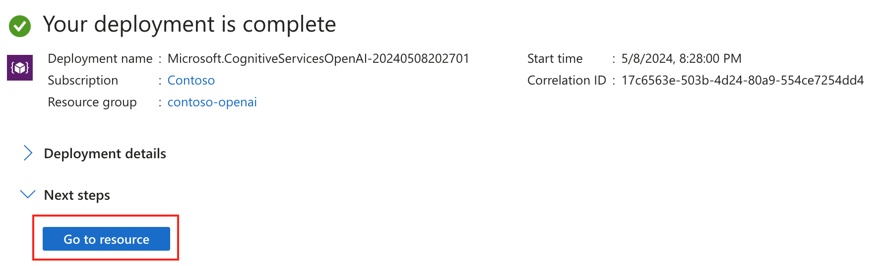 Captura de tela mostrando o botão Ir para o recurso no portal do Azure.