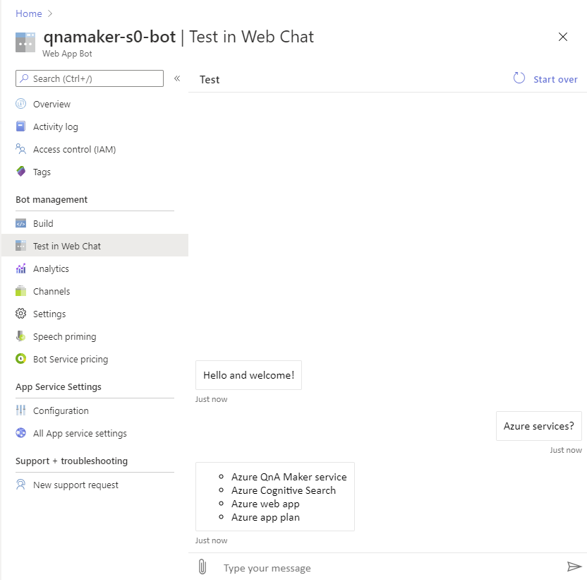 Insira uma consulta de usuário no Webchat de teste.