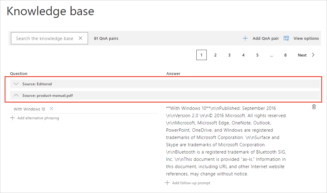 Usar a barra de fonte de dados do QnA Maker para recolher e expandir perguntas e respostas da fonte de dados