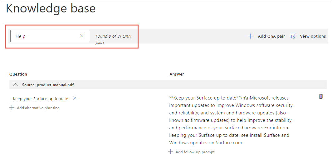 Usar a caixa de pesquisa do QnA Maker acima das perguntas e respostas para reduzir a exibição apenas para itens correspondentes ao filtro