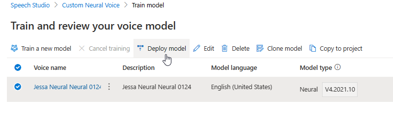 Captura de tela que mostra como reimplantar uma nova versão do modelo de voz.