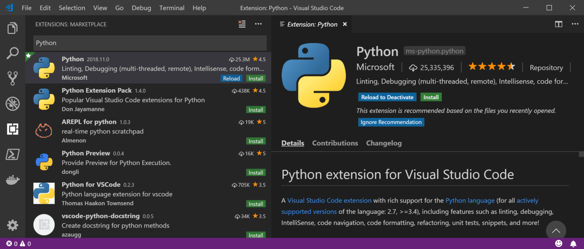 Captura de tela que mostra as seleções para instalação da extensão do Python.