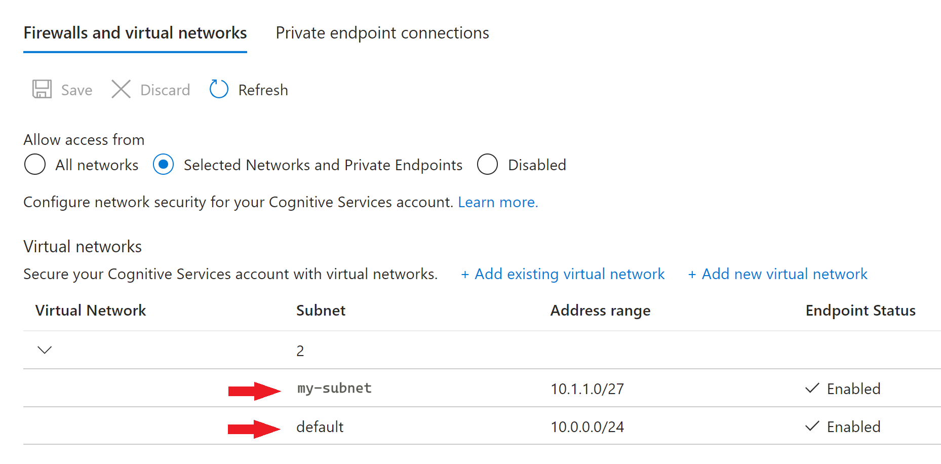 Captura de tela da seção de seleção de sub-rede no portal do Azure.