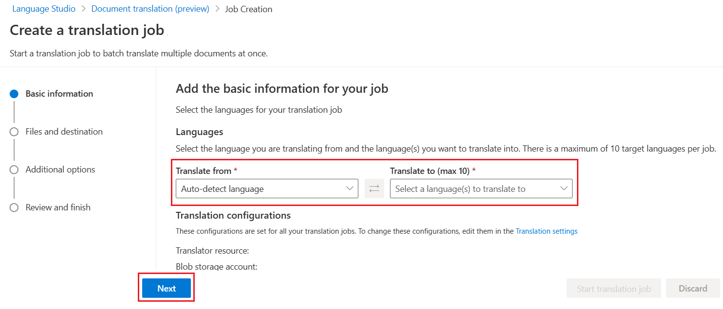 Captura de tela da página de informações básicas do Language Studio.