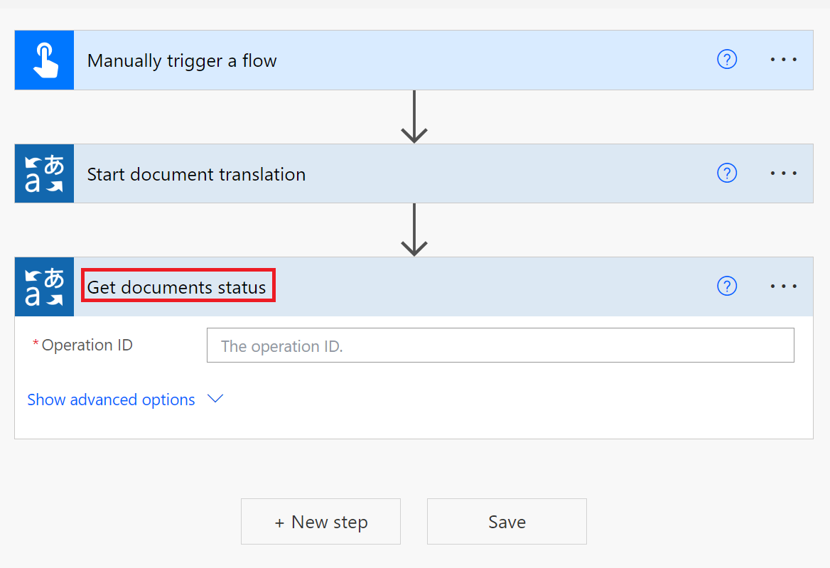 Captura de tela da etapa Obter status de documentos.