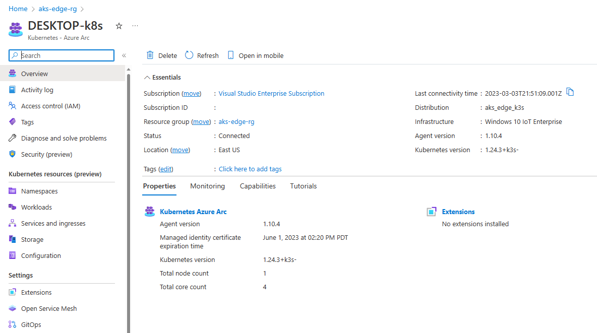 Captura de tela mostrando o cluster no portal do Azure