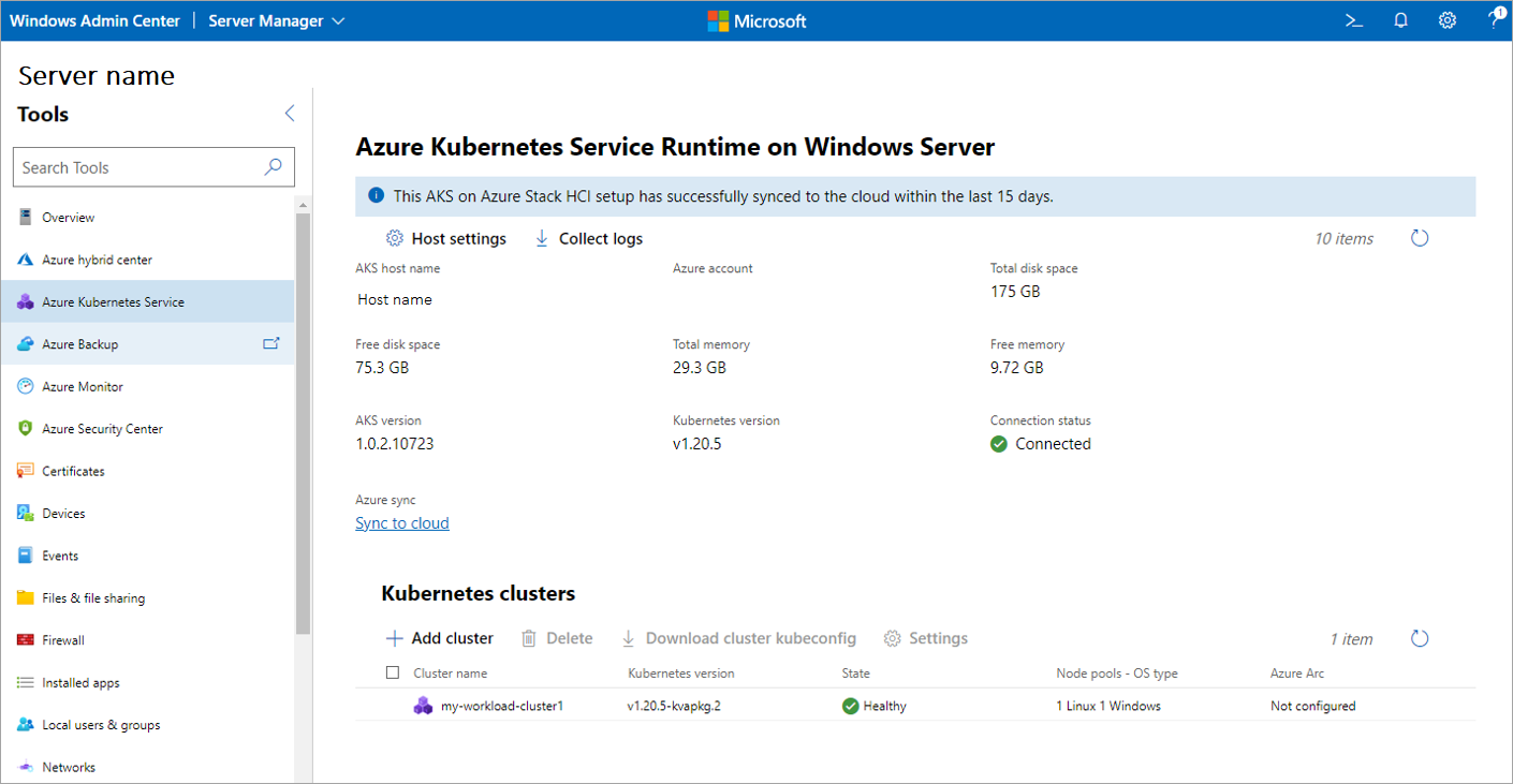 Captura de tela mostrando o painel da ferramenta Serviço de Kubernetes do Azure.