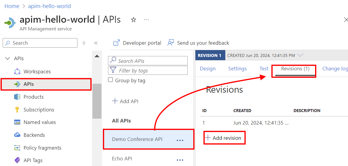 Captura de tela da adição de uma revisão da API no portal.