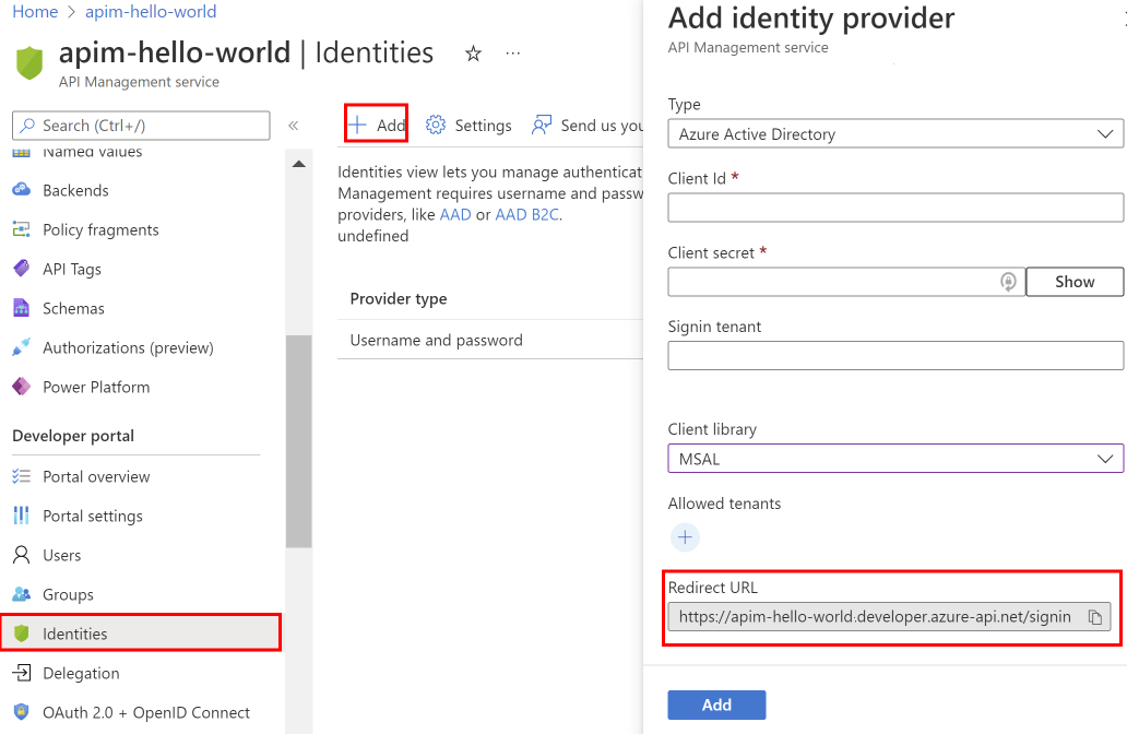 Captura de tela de como adicionar o provedor de identidade no portal do Azure.