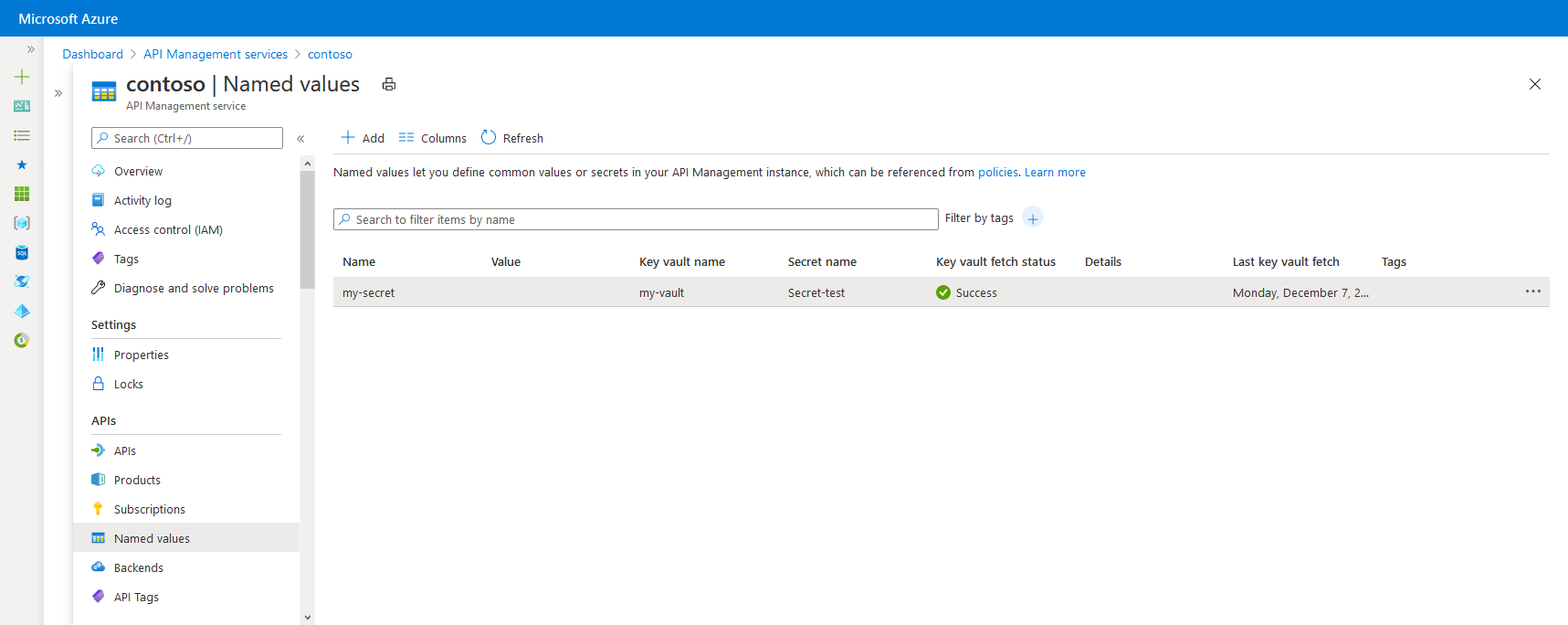 Valores registrados no portal do Azure