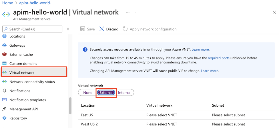 Selecione a VNet no portal do Azure.