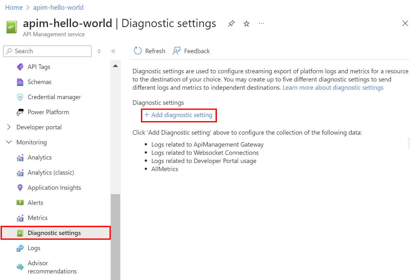 Captura de tela da adição de uma configuração de diagnóstico no portal.