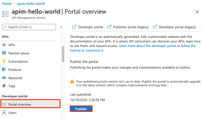 Captura de tela da publicação do portal do desenvolvedor no portal do Azure.