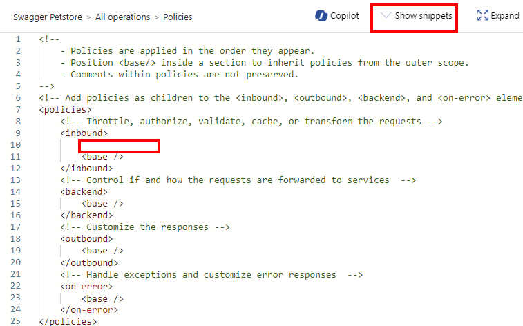 Captura de tela da seleção mostrando snippets no editor de política de entrada no portal.