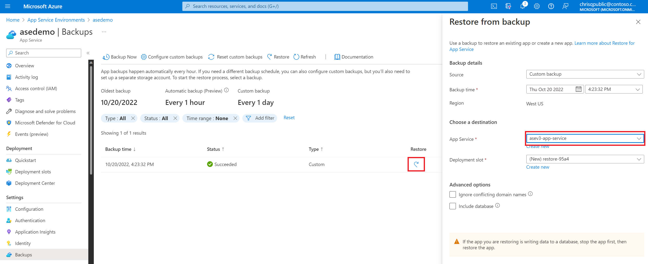 Captura de tela que mostra como usar um backup para restaurar um aplicativo do Serviço de Aplicativo no Ambiente do Serviço de Aplicativo v3.